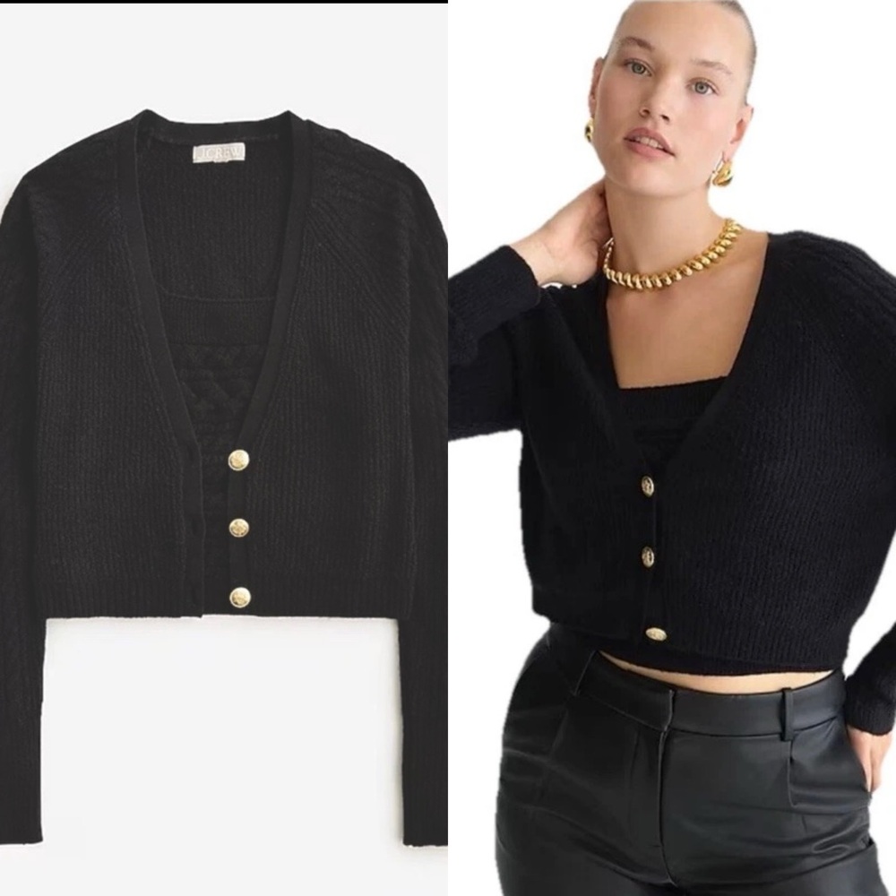 J. Crew Supersoft Black Cropped Cable-knit Cardigan-tank set MEDIUM Wool blend